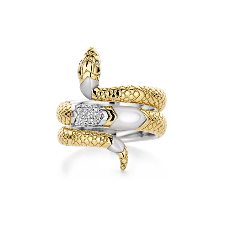 Ti Sento Yellow Gold Plated Mother of Pearl White and Cubic Zirconia Snake Ring