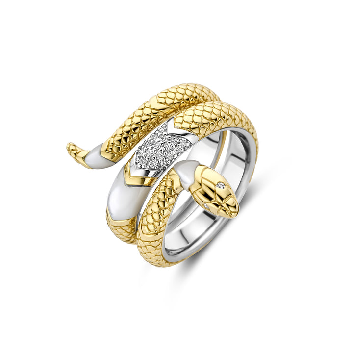 Ti Sento Yellow Gold Plated Mother of Pearl White and Cubic Zirconia Snake Ring - Michael Jones Jeweller