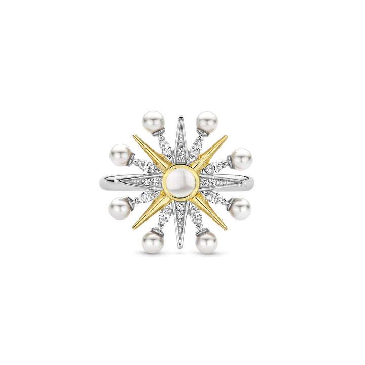 Ti Sento Yellow Gold Plated Synthetic Pearl and Cubic Zirconia Star Ring