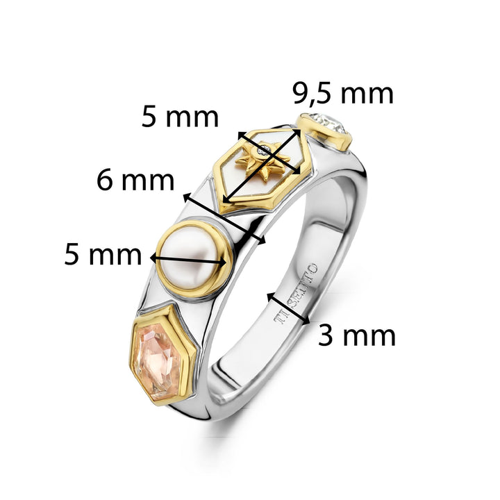 Ti Sento Yellow Gold Plated Pearl White and Nude Pink Star Motif Hexagonal Ring