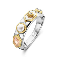 Ti Sento Yellow Gold Plated Pearl White and Nude Pink Star Motif Hexagonal Ring