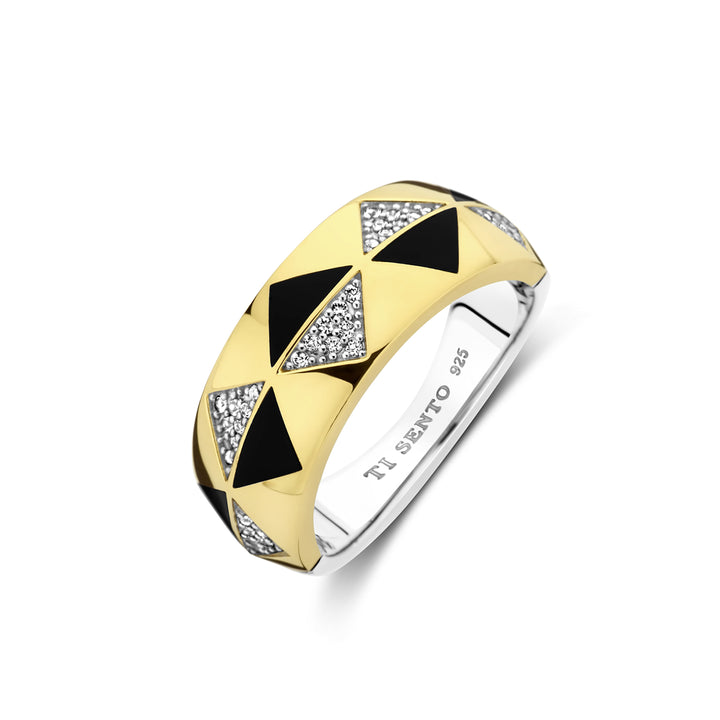 Ti Sento Yellow Gold Plated Onyx Black and Cubic Zirconia Geometric Ring