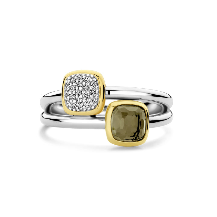 Ti Sento Yellow Gold Plated Khaki Green Cubic Zirconia Double Ring