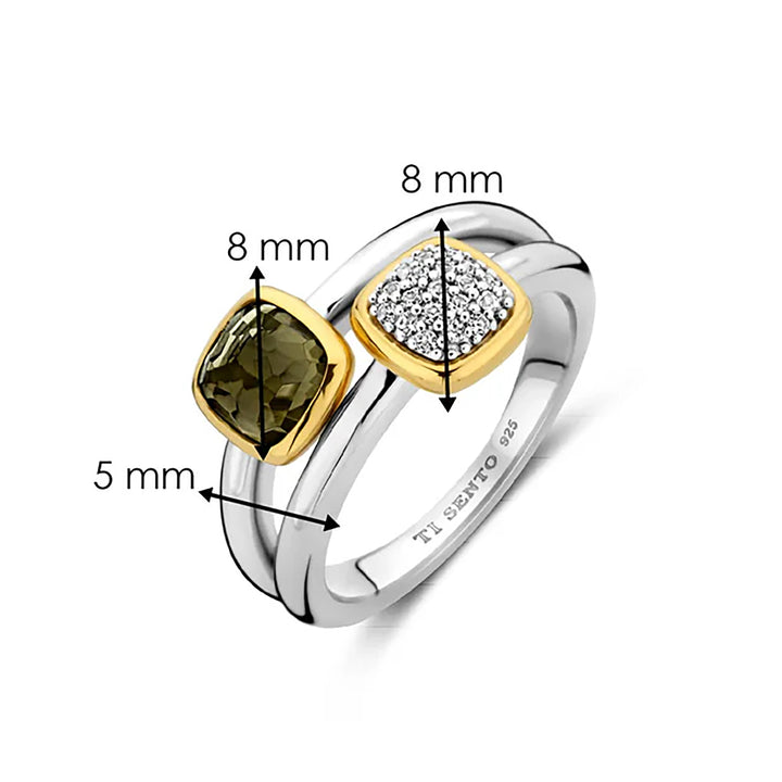 Ti Sento Yellow Gold Plated Khaki Green Cubic Zirconia Double Ring - Michael Jones Jeweller