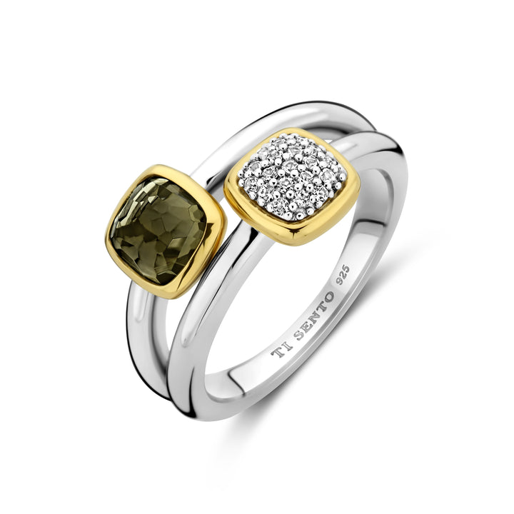 Ti Sento Yellow Gold Plated Khaki Green Cubic Zirconia Double Ring - Michael Jones Jeweller