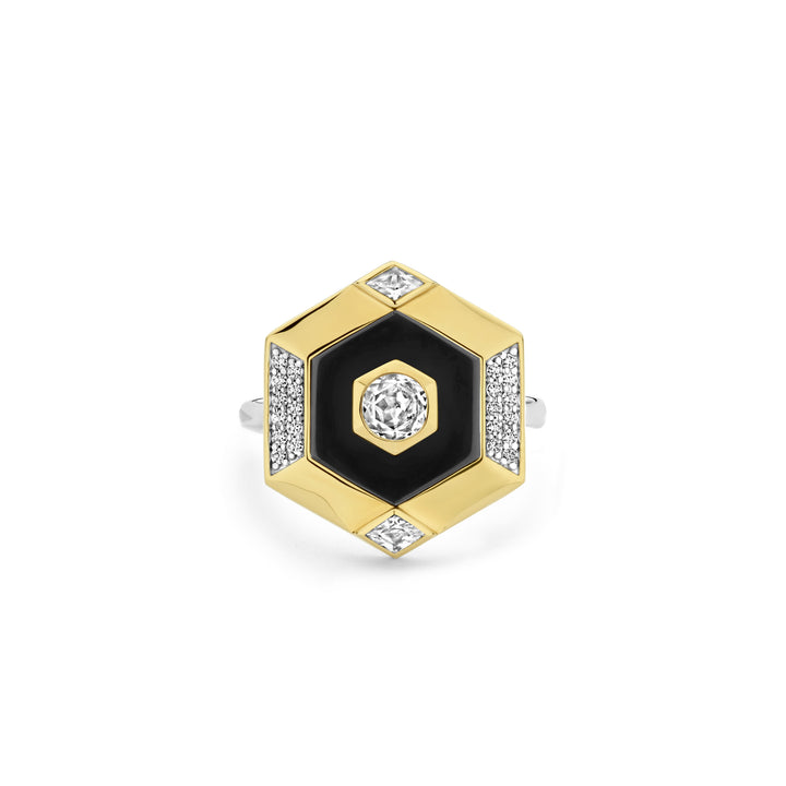 Ti Sento Yellow Gold Plated Onyx Black and Cubic Zirconia Hexagonal Ring