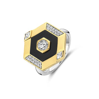 Ti Sento Yellow Gold Plated Onyx Black and Cubic Zirconia Hexagonal Ring