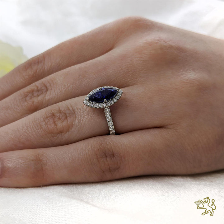 Skye Marquise Halo 2.19ct Sapphire Platinum Ring - Michael Jones Jeweller