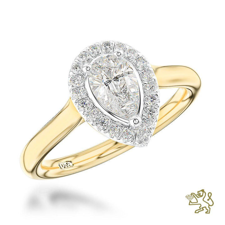 Skye Pure Pear Halo 0.62ct G VVS2 Diamond Yellow Gold/Platinum Ring - Michael Jones Jeweller