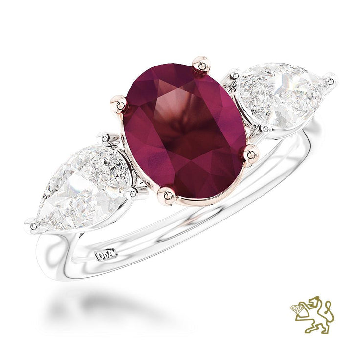 Florentine Oval Three Stone 1.62ct Ruby Platinum/Rose Gold Ring - Michael Jones Jeweller