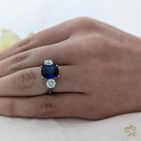 Florentina Cushion Three Stone 4.12ct Sapphire Platinum Ring - Michael Jones Jeweller