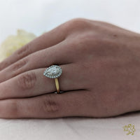 Skye Pure Pear Halo 0.62ct G VVS2 Diamond Yellow Gold/Platinum Ring - Michael Jones Jeweller