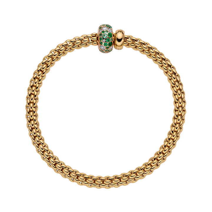 FOPE Flex'it Solo 18ct Yellow Gold Emerald and 0.28ct Diamond Set Bracelet Medium - Michael Jones Jeweller