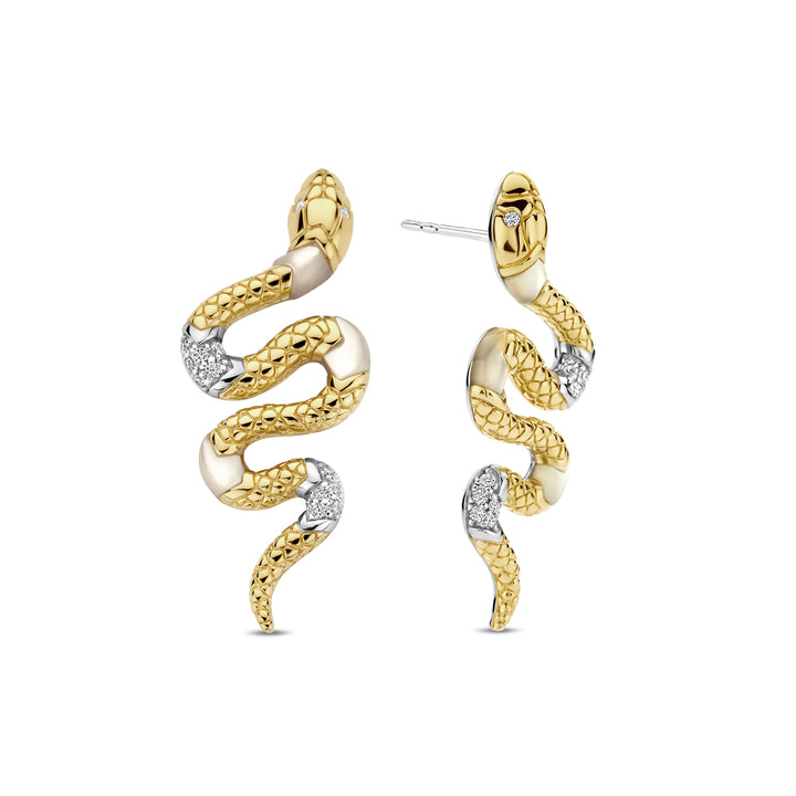 Ti Sento Yellow Gold Plated Mother of Pearl White and Cubic Zirconia Snake Drop Earrings - Michael Jones Jeweller