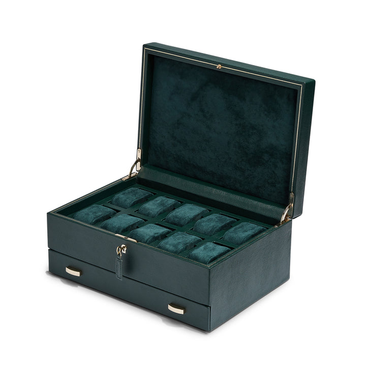 WOLF British Racing Green 10 Piece Watch Box with Storage - Michael Jones Jeweller