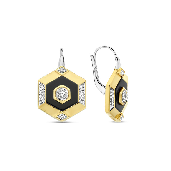 Ti Sento Yellow Gold Plated Onyx Black and Cubic Zirconia Hexagonal Drop Earrings