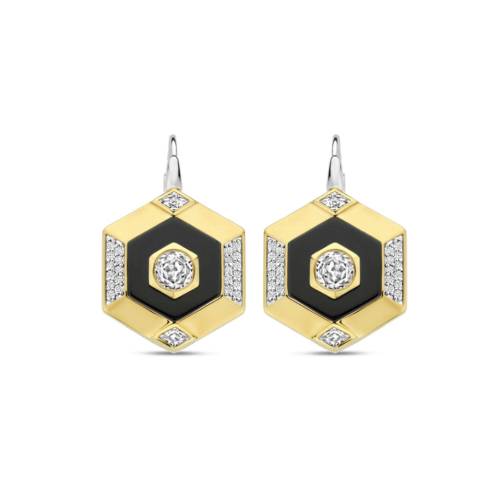 Ti Sento Yellow Gold Plated Onyx Black and Cubic Zirconia Hexagonal Drop Earrings