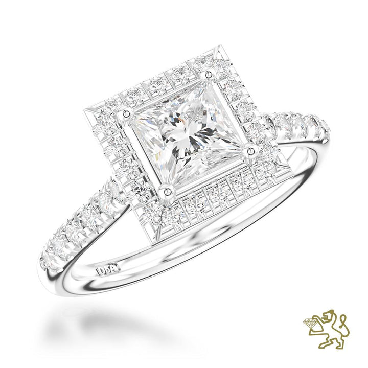 Skye Princess Sq Halo 0.90ct E VS2 Diamond Platinum Ring