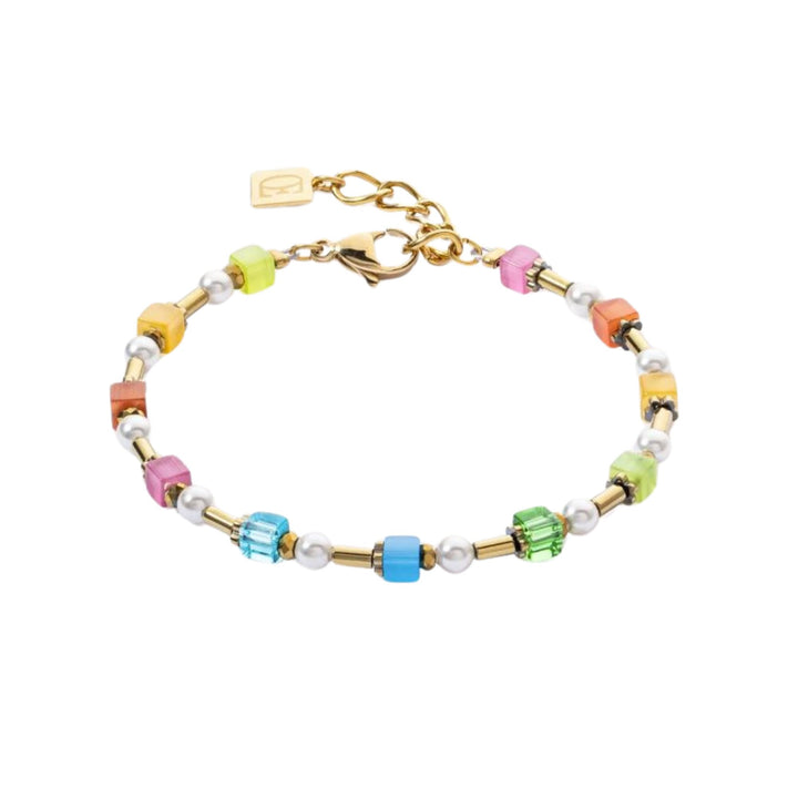 Coeur de Lion Mini Cubes & Crystal Pearls Bracelet Gold-Rainbow - Michael Jones Jeweller