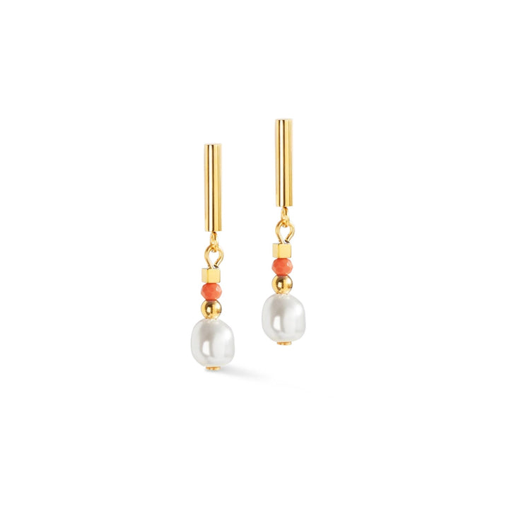 Coer de Lion Sunset Pearl Drop Earrings Gold-Coral - Michael Jones Jeweller