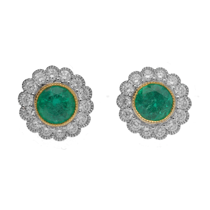 Emerald and Diamond Scalloped 18ct Yellow and White Gold Cluster Earrings - Michael Jones Jeweller