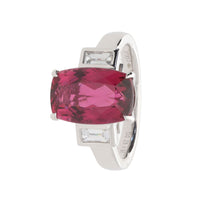 Rubellite and Diamond Three Stone Platinum Ring