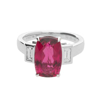 Rubellite and Diamond Three Stone Platinum Ring