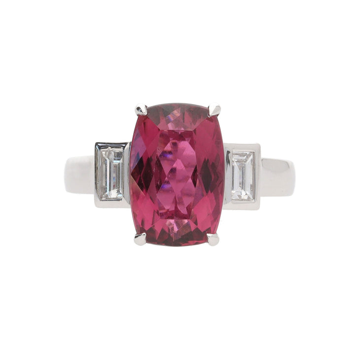 Rubellite and Diamond Three Stone Platinum Ring