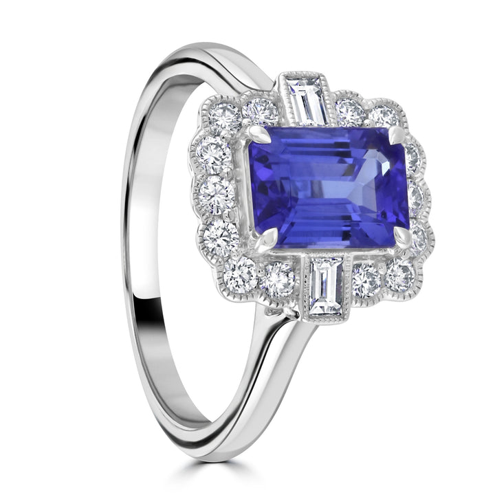 Tanzanite and Diamond 18ct White Gold Rectangular Cluster Ring - Michael Jones Jeweller