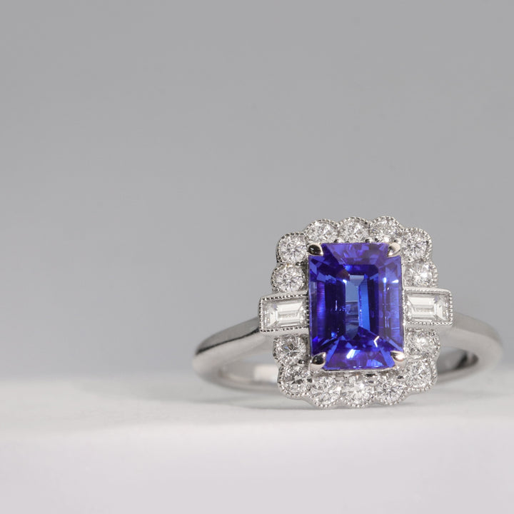 Tanzanite and Diamond 18ct White Gold Rectangular Cluster Ring - Michael Jones Jeweller