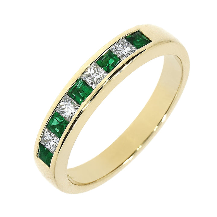 Emerald and Diamond 18ct Yellow Gold Princess Cut Channel Set Half Eternity Ring - Michael Jones Jeweller