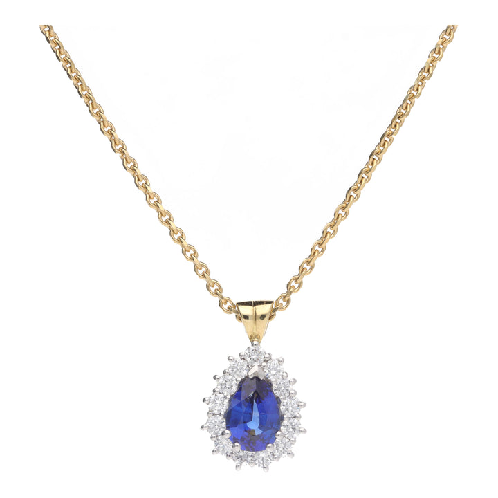 Blue Sapphire and Diamond 18ct Yellow and White Gold Pear Shape Cluster Pendant - Michael Jones Jeweller