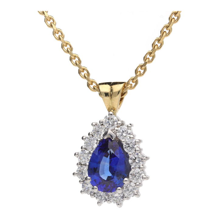 Blue Sapphire and Diamond 18ct Yellow and White Gold Pear Shape Cluster Pendant