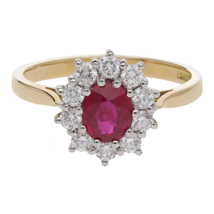 Ruby and Diamond 18ct Yellow Gold Oval Cluster Ring - Michael Jones Jeweller