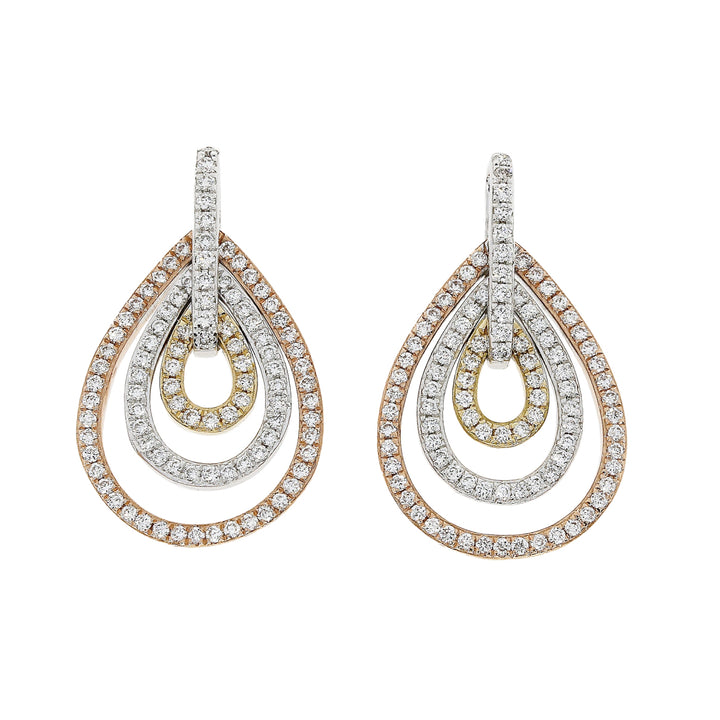 Diamond Triple Pear Shape 18ct Yellow, White and Rose Gold Drop Earrings - Michael Jones Jeweller