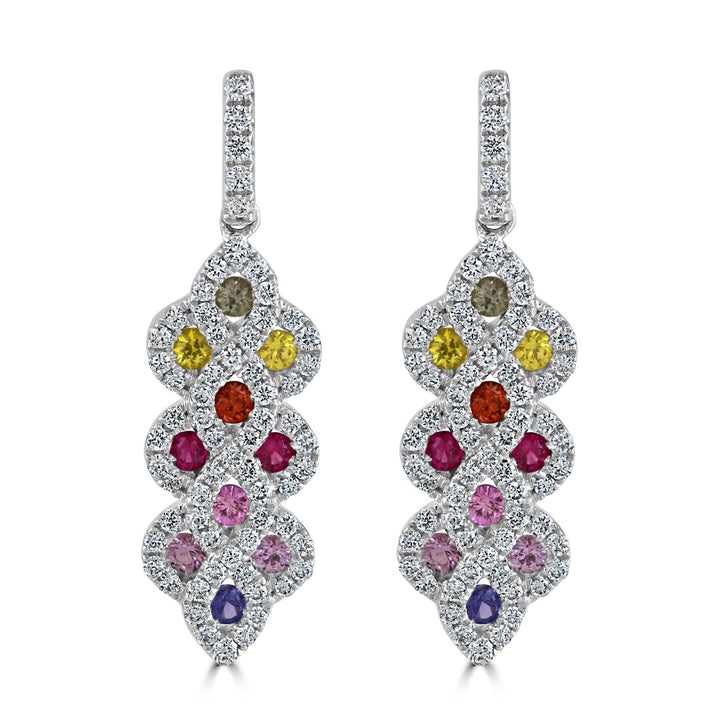 Rainbow Sapphire and Diamond 18ct White Gold Drop Earrings - Michael Jones Jeweller