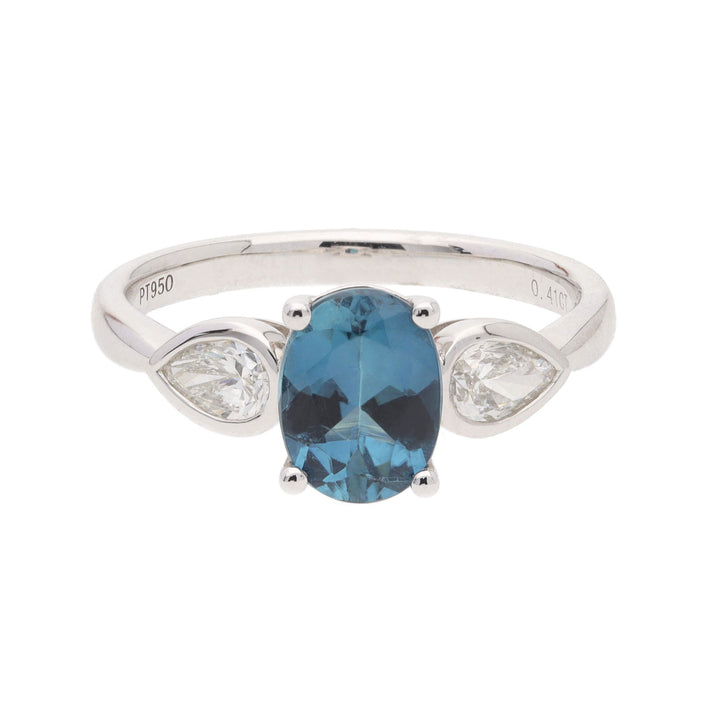 Teal Tourmaline and Diamond Triology Platinum Ring - Michael Jones Jeweller