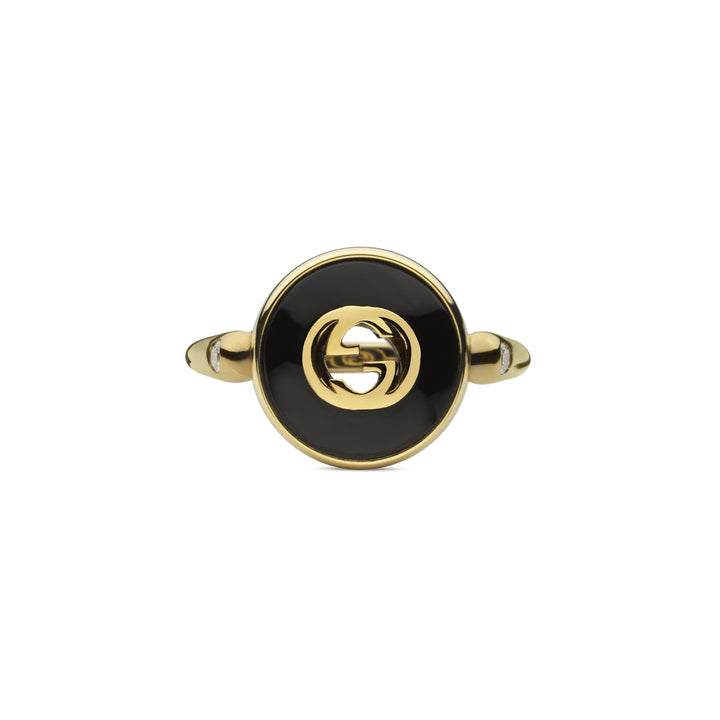 Gucci Interlocking G Onyx and Diamond 18ct Yellow Gold Ring Size O-P - Michael Jones Jeweller