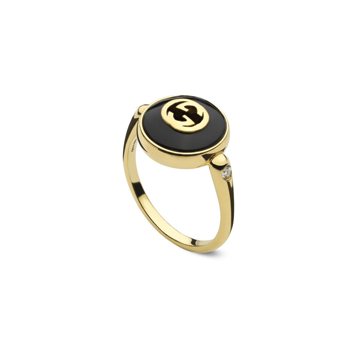 Gucci Interlocking G Onyx and Diamond 18ct Yellow Gold Ring Size Q-R - Michael Jones Jeweller