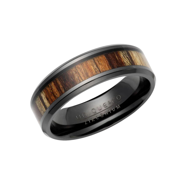 Unique & Co Black Zirconium 7mm Wood Inlay Ring