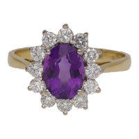 Pre-Owned Amethyst and Diamond 18ct Yellow Gold Cluster Ring