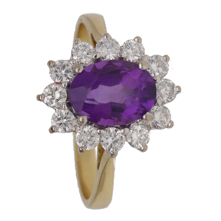 Pre-Owned Amethyst and Diamond 18ct Yellow Gold Cluster Ring