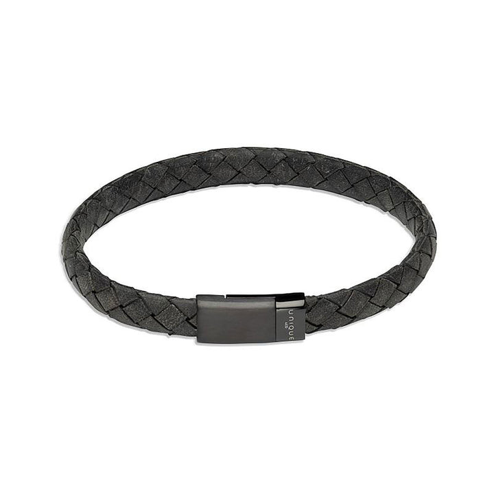 Unique & Co Black Leather Braided Bracelet with Stainless Steel Clasp 21cm