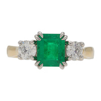 Emerald and Diamond Yellow Gold and Platinum Three Stone Ring - Michael Jones Jeweller