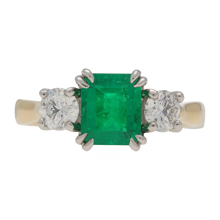 Emerald and Diamond Yellow Gold and Platinum Three Stone Ring