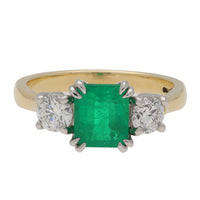 Emerald and Diamond Yellow Gold and Platinum Three Stone Ring