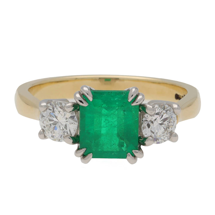 Emerald and Diamond Yellow Gold and Platinum Three Stone Ring - Michael Jones Jeweller