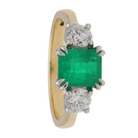 Emerald and Diamond Yellow Gold and Platinum Three Stone Ring - Michael Jones Jeweller