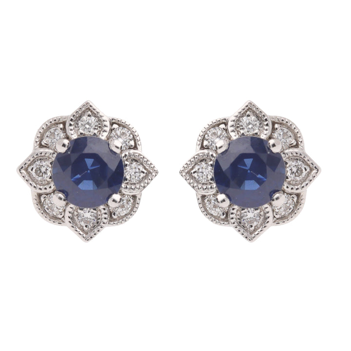 Sapphire and Diamond 18ct White Gold Flower Stud Earrings - Michael Jones Jeweller