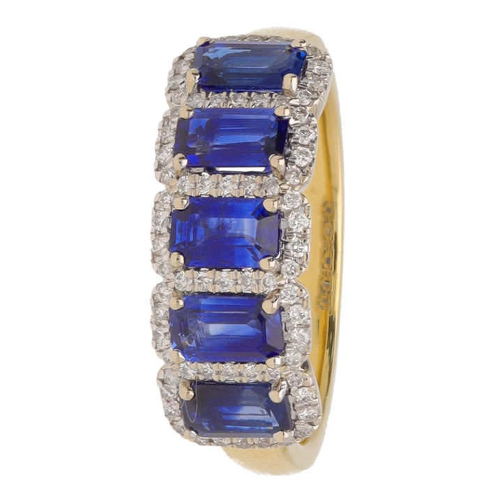 Sapphire and Diamond Emerald Cut 18ct Yellow Gold Five Stone Ring - Michael Jones Jeweller